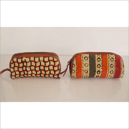  COTTON RUG SMALL POUCH WITH LEATHER TRIM