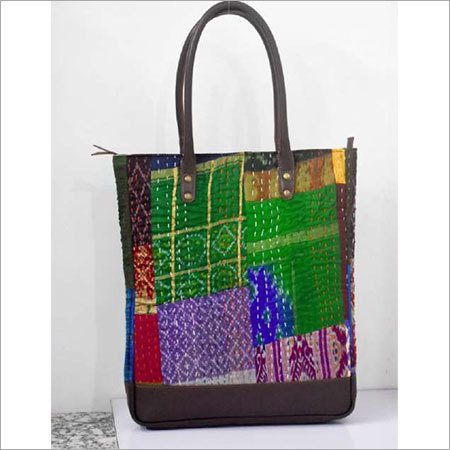 KANTHA HANDMADE FABRIC TOTE BAG WITH LEATHER TRIM