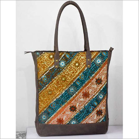 TOTE BAG VINTAGE BARMERI FABRIC WITH LEATHER TRIM