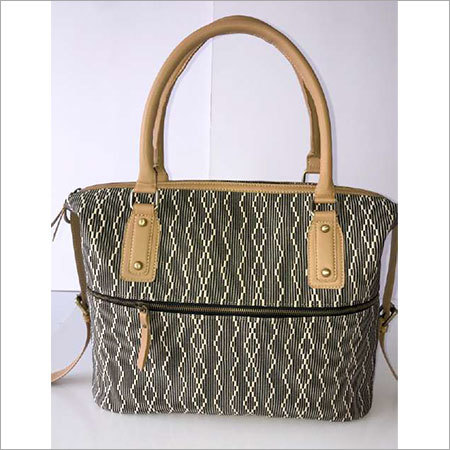 Jacquard Fabric Handbag - Leather Trim, Zip Closure for Women, Stylish Shoulder Bag