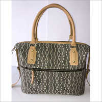Jacquard Fabric Handbag - Leather Trim, Zip Closure For Women, Stylish Shoulder Bag