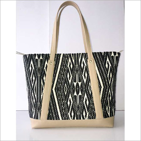 JACQUARD FABRIC TOTE BAG WITH LEATHER TRIM