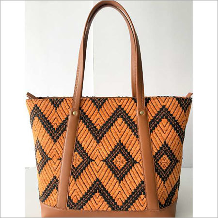 JACQUARD FABRIC TOTE BAG WITH LEATHER TRIM