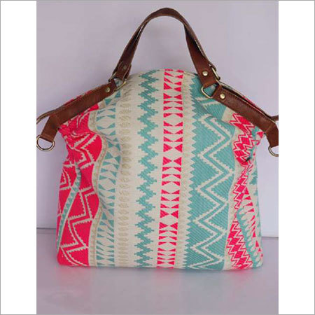 Multicolor Jacquard Fabric Tote Bag With Leather Trim