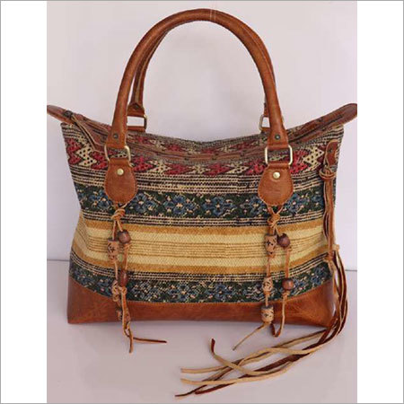 Brown Stylish Rug Handbag With Leather Trim