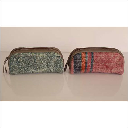 Green And Pink Cotton Rug Small Pouch With Leather Trim