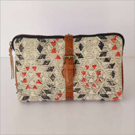 White Cotton Rug Pouch With Leather Trim