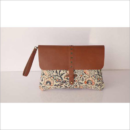 Brown Stylish Cotton Rug Wristlet With Leather Trim
