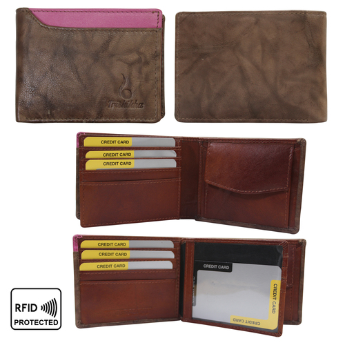 Men Bi-Color Genuine Leather RFID Slim Bifold Wallet