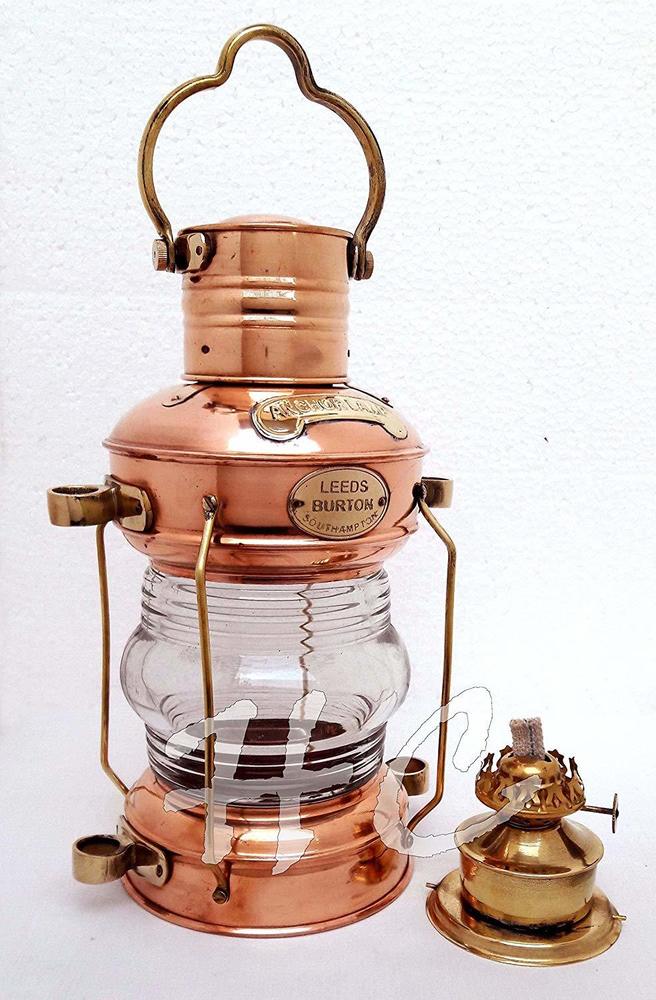 Brass & Copper Anchor Oil Lamp Leeds Burton Nautical Maritime 14" Ship Lantern