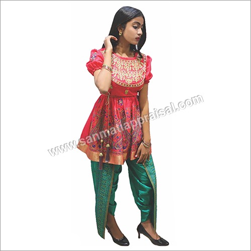 Carrot Frock With Green Dhoti Decoration Material: Laces