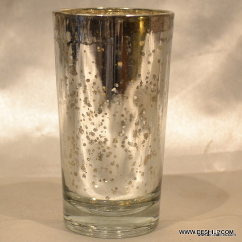 Cylindrical Silver Glass Candle Holder - Style: Antique Imitation