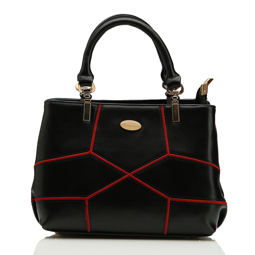 Ladies Designer Tote Handbag - Genuine Leather, 12-15 Inch , Black with Red Stripes, U-Shaped Handle with Metallic Buckle, Spacious Dual Long Pockets, Back Zipper Pocket for Easy Access