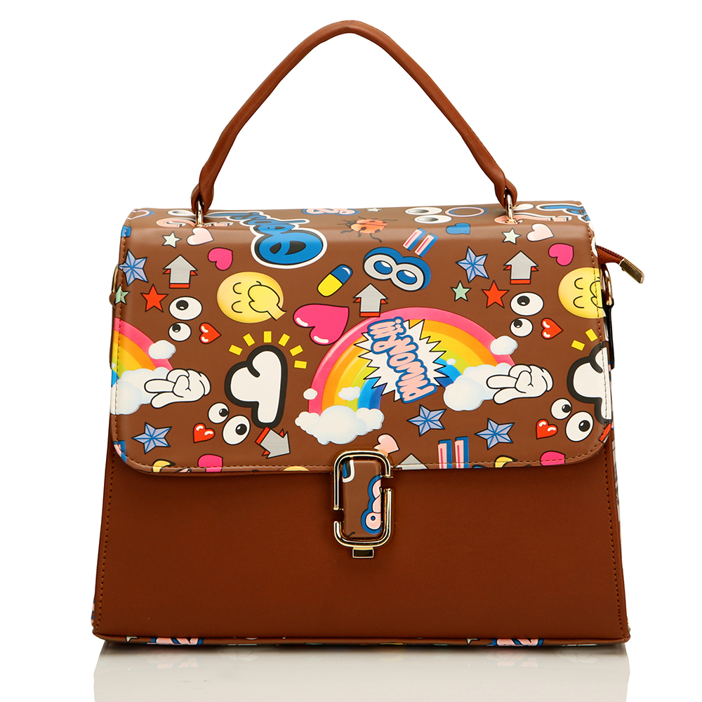 Ladies Designer Print Handbag - Genuine Leather, 14x16 Inches, Dark Brown Color, Funky Printed Flap, Button Closure, Stylish Handle with Long Belt, Zipper Pocket for Easy Access