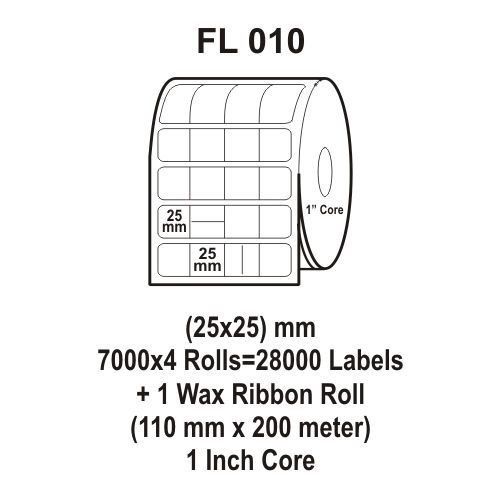 Flexi Labels FL-010 (25X25mm, 7000X 4 Rolls+ 1 Wax Ribbon Roll)