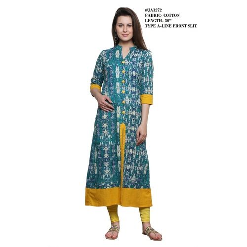 Green A-line Cotton Kurti