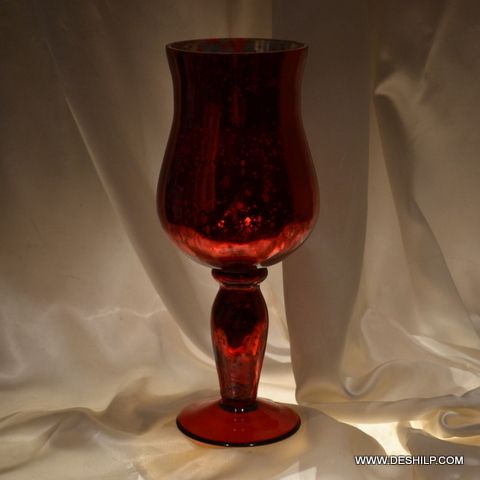 RED COLOR SILVER GLASS HURRICANE ROUND SHAPE BASE