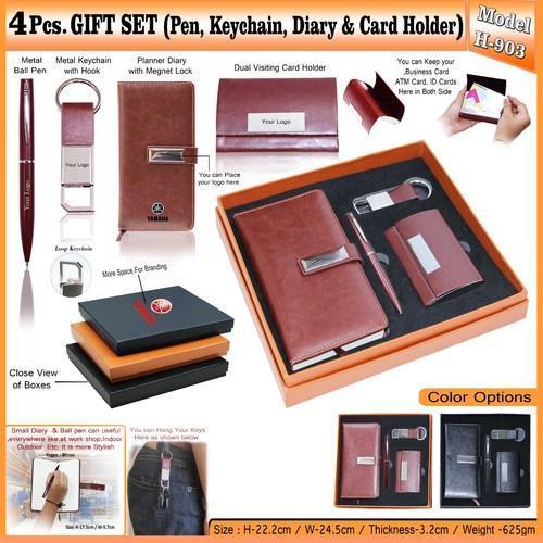 Gift Set - Leather, 20x15x5cm Box, Diary 10x15cm, Card Holder 7x10cm, Keychain 5cm, Pen 14cm | Elegant Design, Professional Look, Practical Items