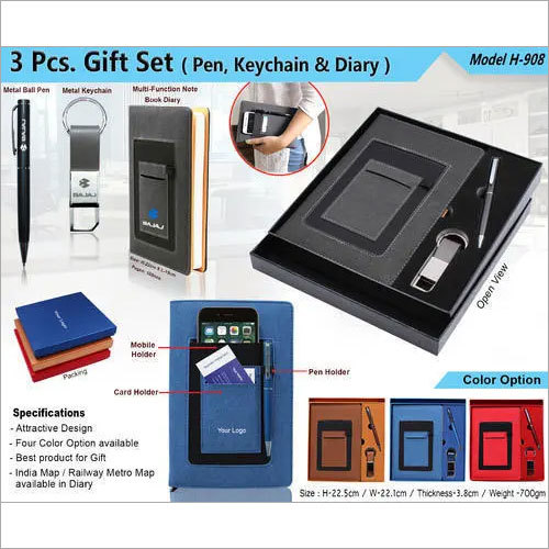 Gift Set - Leatherette, 14x10x2cm, Black/Brown/Blue/Red, 80-Page Diary | Customizable, Corporate Gifting, Metal Keychain, Ballpoint Pen, Elegant Design
