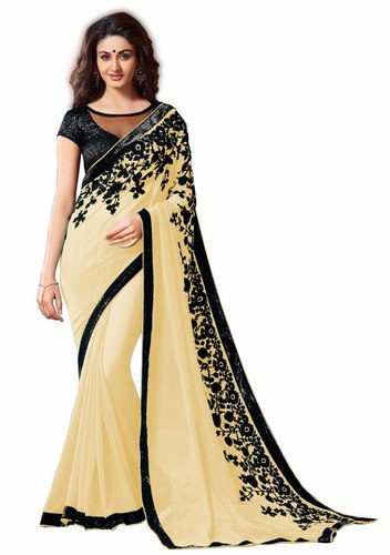 Pure Georgette Saree - Material: Georgette | Color: Cream, Cyan, Green, Pink, Peach, Blue, Red, Yellow | Style: Bollywood, Season: All Year Round