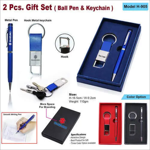 Gift Set - Metal, H16x5cm / 10.8x2cm, Blue | Elegant Design, Durable, Brandable, Ballpoint Pen, Metal Hook Keychain, Gift Box Packaging