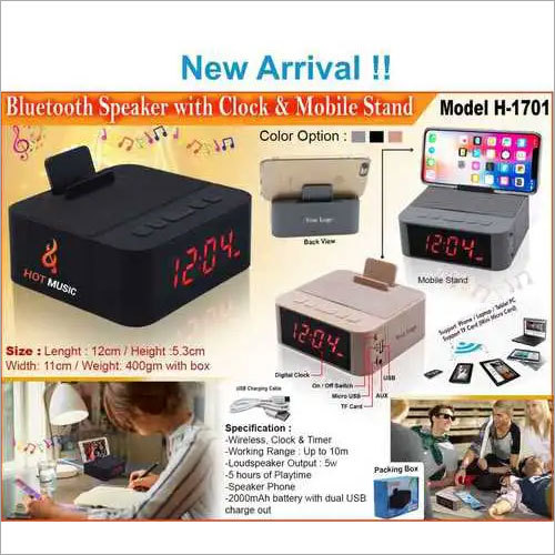 Corporate Gifts - Plastic, 12cm x 11cm x 5.3cm, 400gm, 1000mAh Battery | Bluetooth Audio, Clock Display, Mobile Stand, Portable Speaker, Dual USB, Rechargeable Power