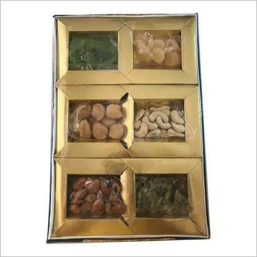 Fruits and Nuts - Cardboard/Plastic Box 10x8x3 Inches, Gold | Healthy Snack, Variety Pack, Customizable, Eco-Friendly