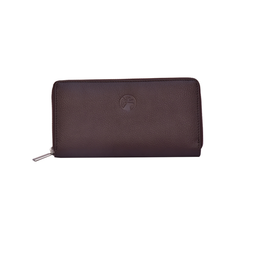 Ladies Round Zipper Dark Brown Leather Clutch/Wallet - Genuine Leather, 20x11x2.6 cm, Dark Brown | RFID Protected, 12 Credit Card Slots, 2 Coin Pockets, 5 Currency Compartments