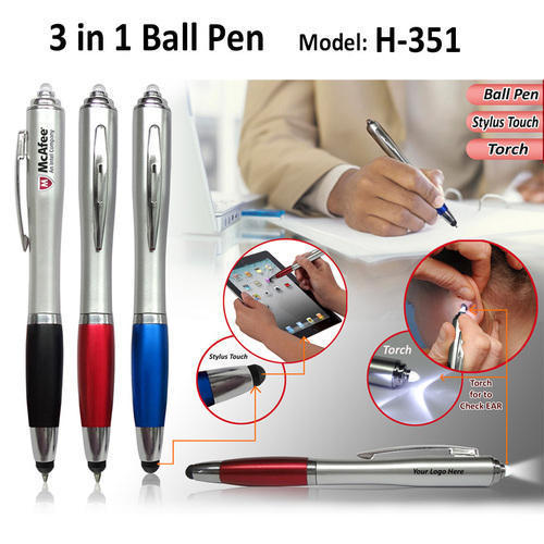 3 IN 1 BALL PEN - Metal & Plastic, 14cm, Black/Blue Ink | LED Light, Stylus, Customizable Logo