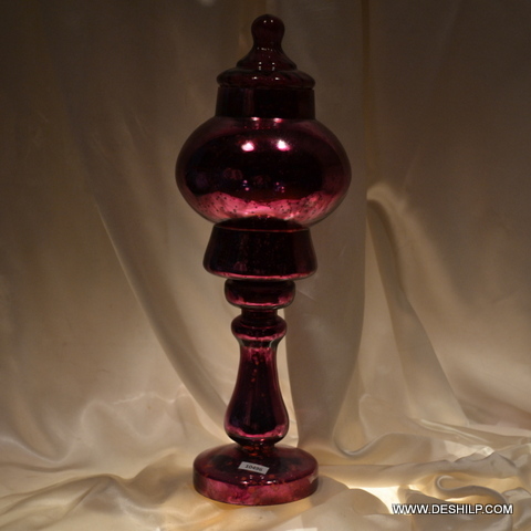 GLASS PILLAR CANDLE HOLDER WITH RED COLOR SILVER FINISH