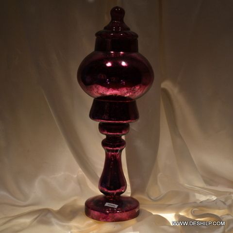 GLASS PILLAR CANDLE HOLDER WITH RED COLOR SILVER FINISH