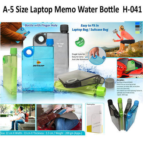 A5 Size Laptop Memo Water Bottle - Plastic, 500ml, Blue | Leakproof Seal, Portable, Slim Profile