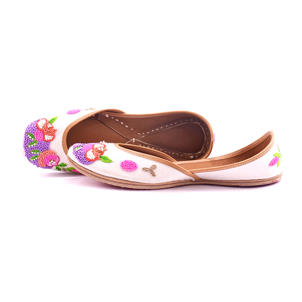 Designer Leather Punjabi Jutti - Flat Heel, Custom Sizes 5-10.5 USA, Elegant White with Pink Flower Work, Extra Padded Comfort for All Seasons