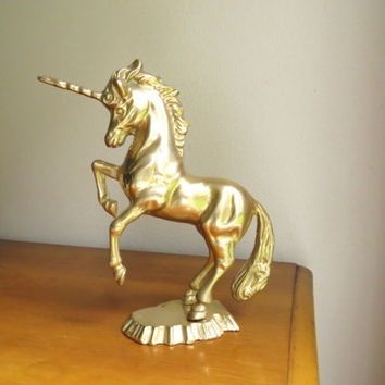 Gold Unicorn Statue Solid Brass Horse