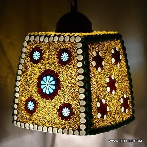 Golden And Red Squire Shape Glass Mosaic Hanging Lamp