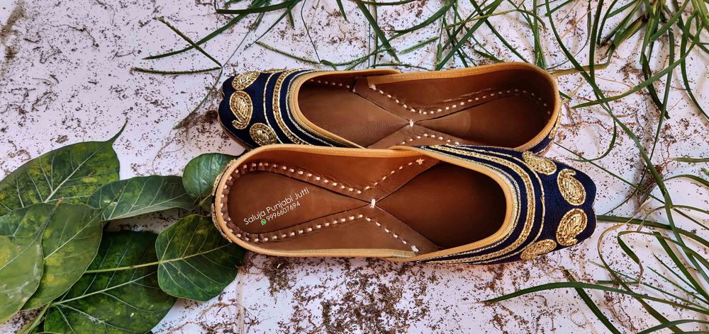 Designer Leather Punjabi Jutti - Handcrafted, Comfortable Soft Shoes with Extra Padding | Custom Sizes 5-10.5 USA, Elegant Blue Color