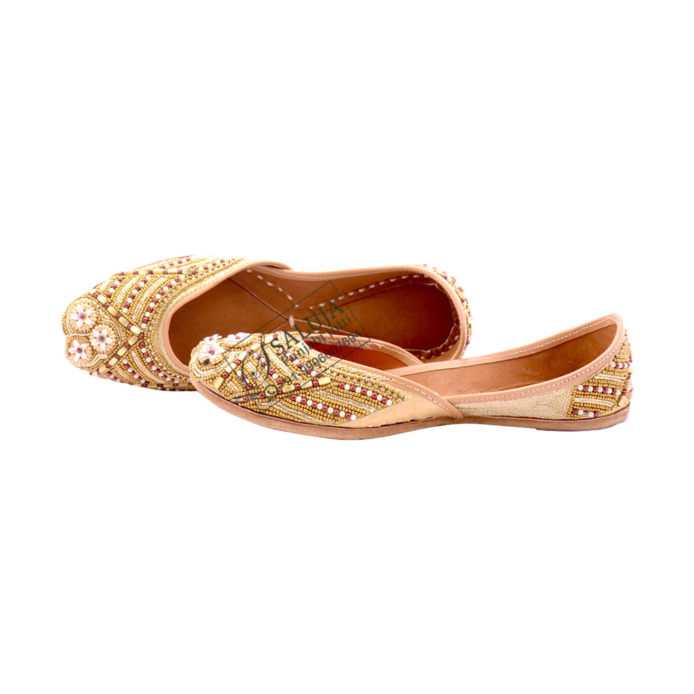 Peach Pure Leather Punjabi Jutti With Stone Work Heel Size: Flat