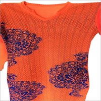 Ladies Long Cardigans - Knitted Fabric, Long Length, Orange Color | Intricate Embroidery, Elegant Design, 3/4 Sleeves, Stylish V-neck