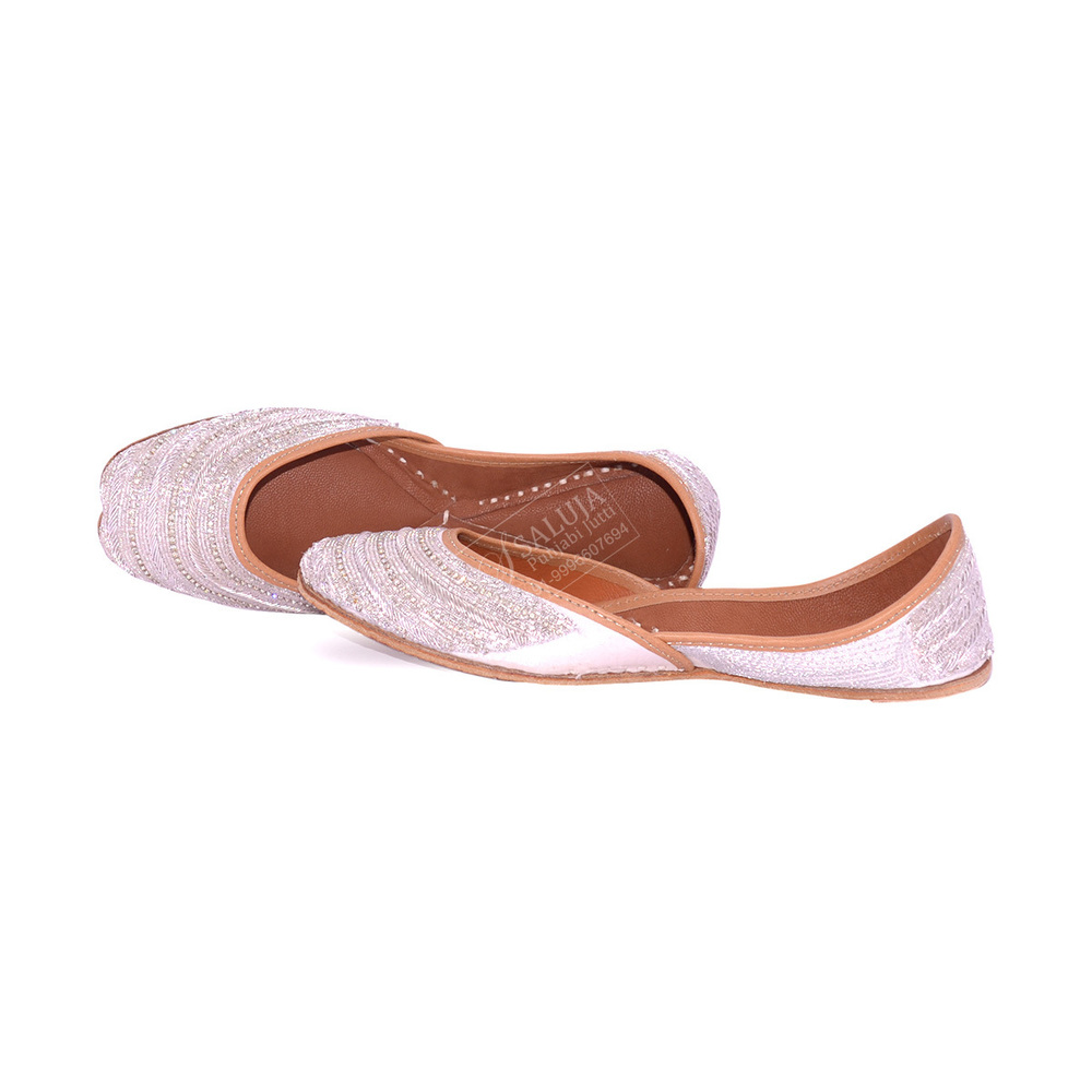 Designer Punjabi Jutti Fancy Jutti White Color With Zarkan Work For Woman Heel Size: Flat