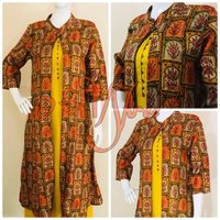 Printed Coat With Yellow Rayon Ankle Length Inner Kurti