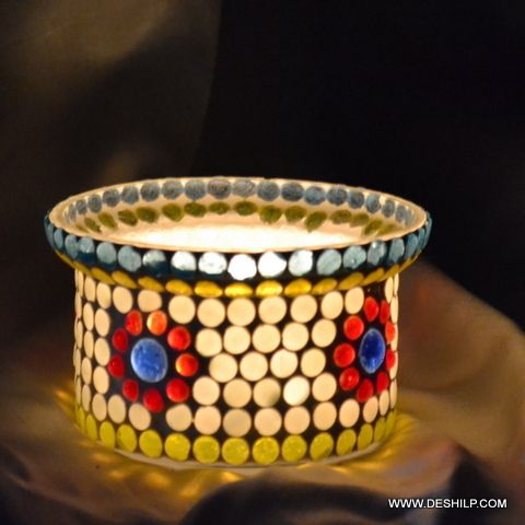 YELLOW COLOR MOSAIC GLASS CANDLE HOLDER