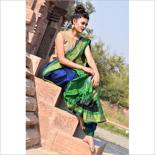 Khadi Saree - Khadi Fabric, Elegant Green and Blue Design | Year-Round Wear for Rainy, Spring, Summer, and Winter