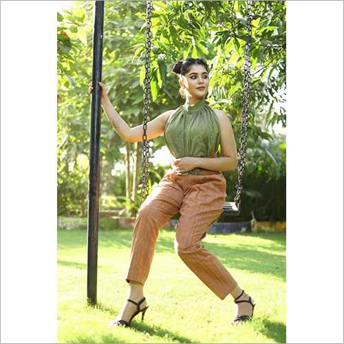 Green And Orange Ladies Khadi Designer Tops