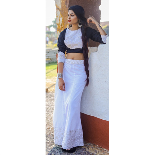 Ladies Khadi Indo Western Dress - Khadi Fabric, Full Sleeves, White and Black | Quick Dry, Washable, Suitable for All Seasons