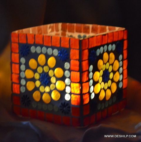 Beautiful Glass Candle Holder With Mosaic Finish