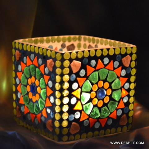 Multi Mosaic Glass Candle Holder For Festivals - Style: Antique Imitation