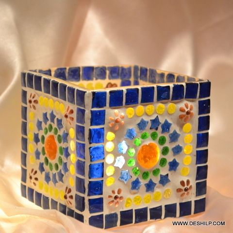 MULTI MOSAIC SQUIRE GLASS T LIGHT CANDLE