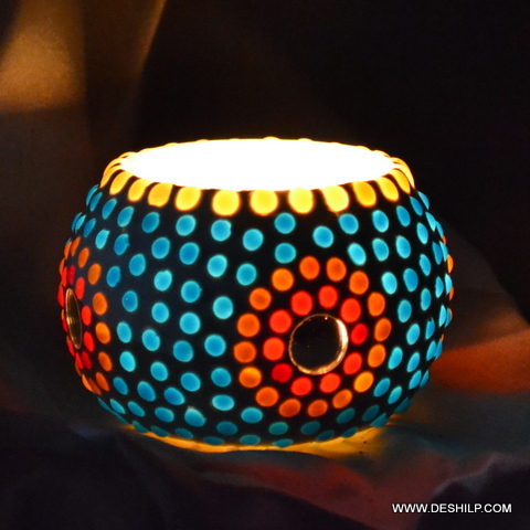 TWO COLOR MOSAIC GLASS CANDLE  HOLDER