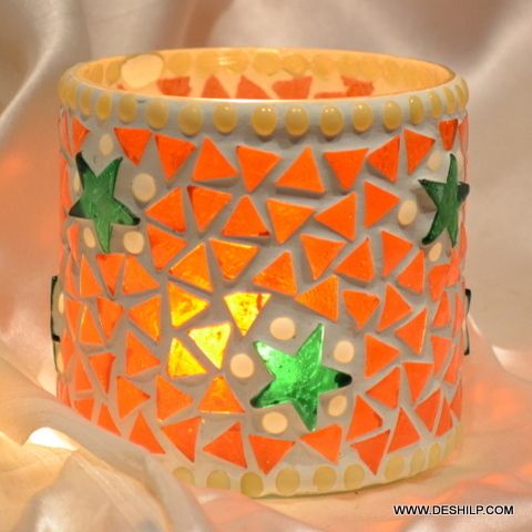 Antique Imitation Orange Mosaic Glass Candle Holder