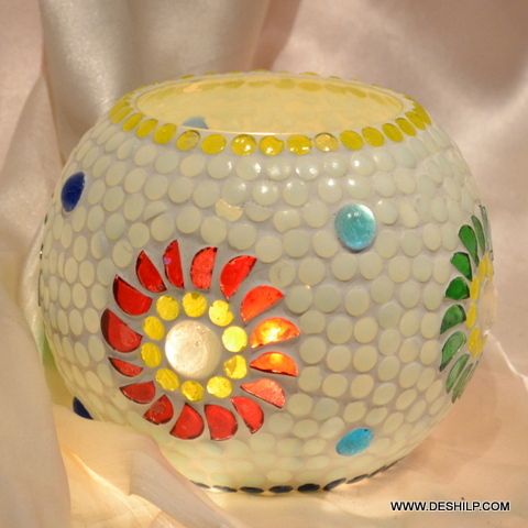 WHITE MOSAIC GLASS CANDLE HOLDER